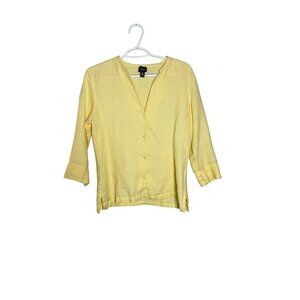 Eileen Fisher Womens Yellow Textured Button-Front Tunic Top 3/4 Sleeve 100% Line